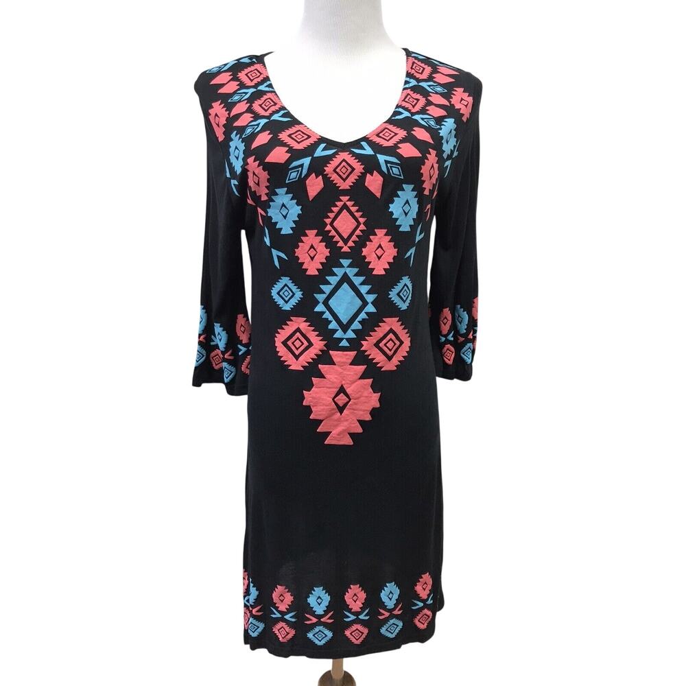 South Main Dress Womens Large Southwest Print Black Pink Blue Knee Length